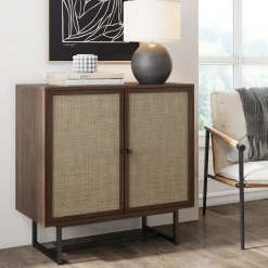Wood & Rattan Storage Cabinet Walnut