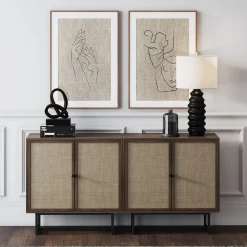 Wood & Rattan Storage Cabinet Walnut