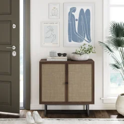 Wood & Rattan Storage Cabinet Walnut