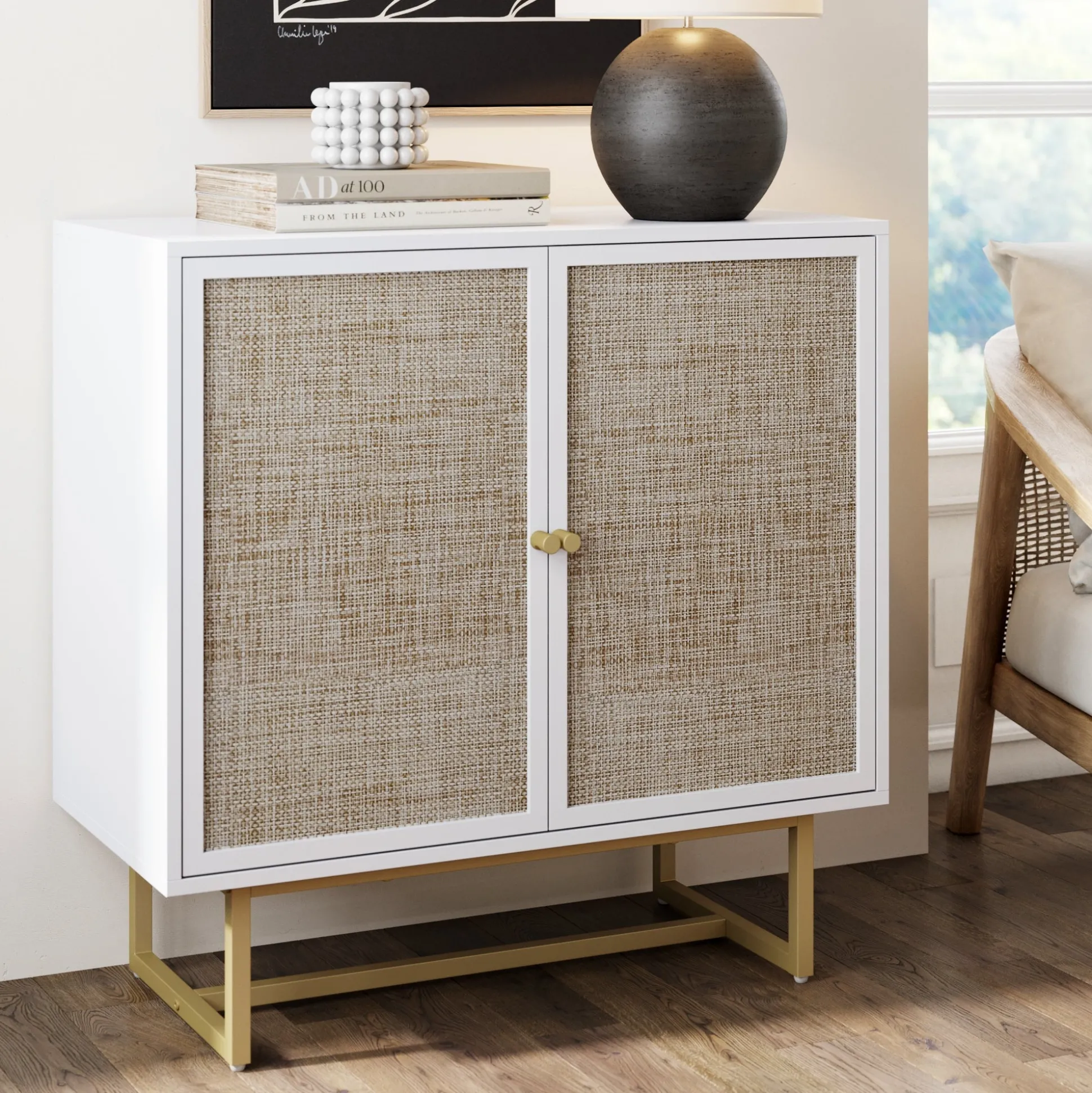 Wood & Rattan Storage Cabinet White