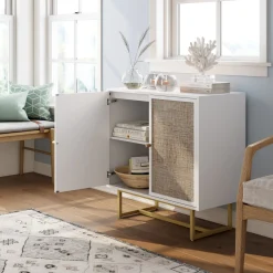 Wood & Rattan Storage Cabinet White