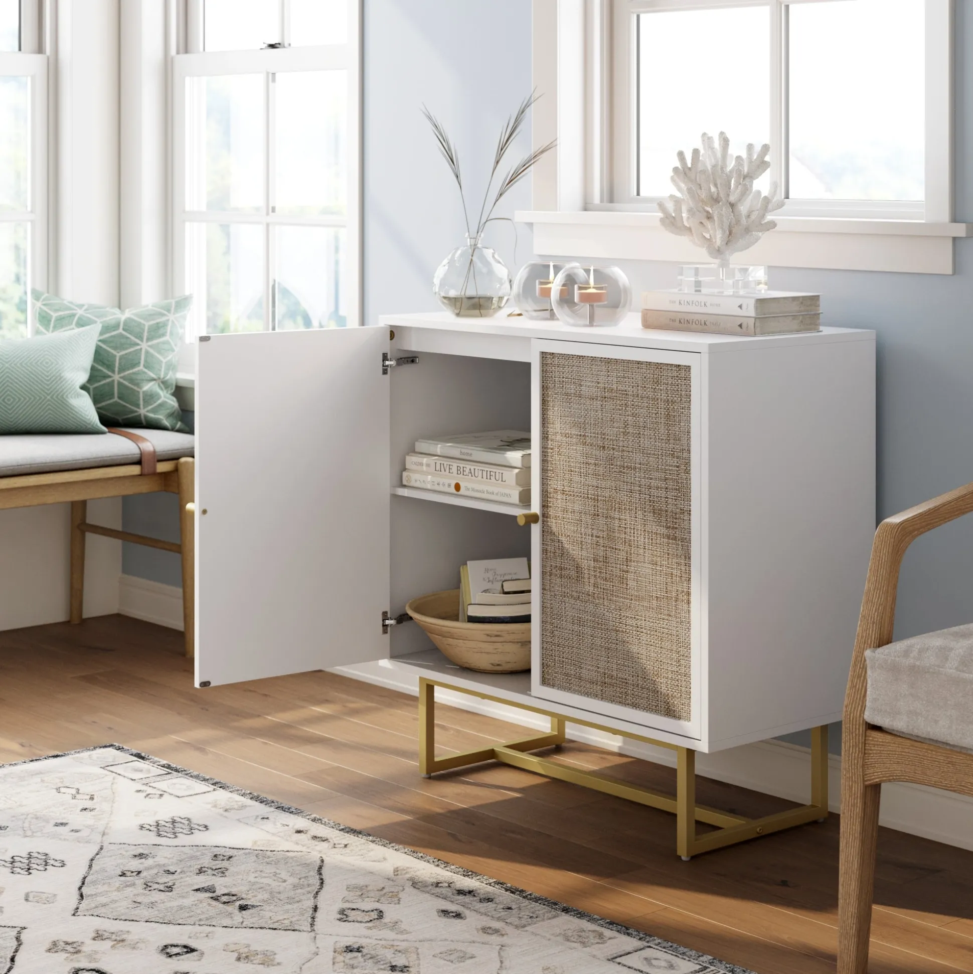 Wood & Rattan Storage Cabinet White