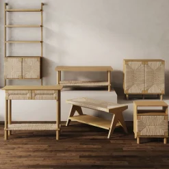 Wood & Seagrass Entryway Bench with Shelf