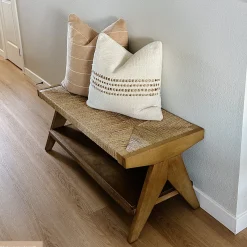 Wood & Seagrass Entryway Bench with Shelf
