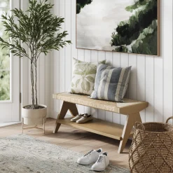 Wood & Seagrass Entryway Bench with Shelf