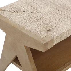 Wood & Seagrass Entryway Bench with Shelf