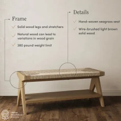 Wood & Seagrass Entryway Bench with Shelf