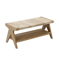 Wood & Seagrass Entryway Bench with Shelf