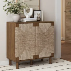 Wood & Seagrass Storage Cabinet Dark Brown