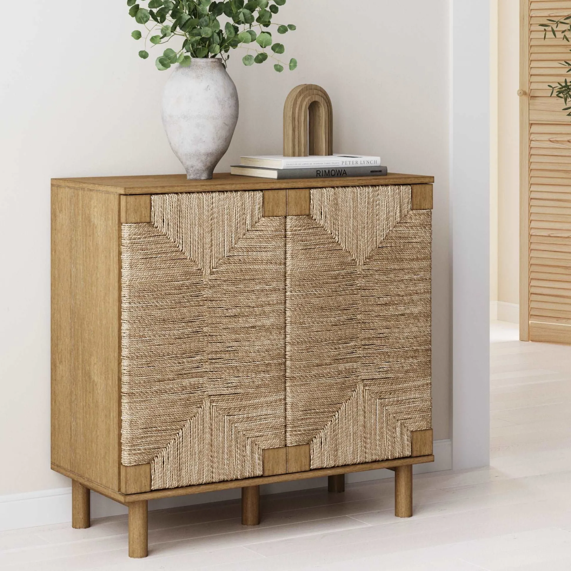 Wood & Seagrass Storage Cabinet Brown