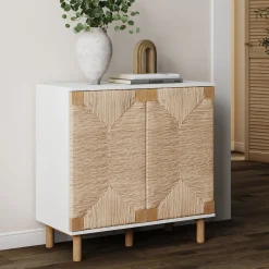 Wood & Seagrass Storage Cabinet White