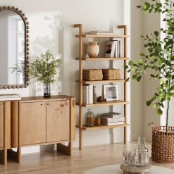 Wood 5-Shelf Ladder Wall Bookshelf Warm Pine