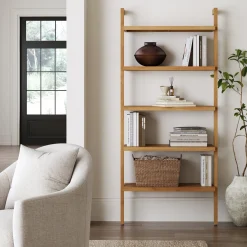 Wood 5-Shelf Ladder Wall Bookshelf Warm Pine