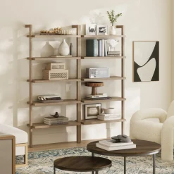 Wood 5-Shelf Ladder Wall Bookshelf Light Brown