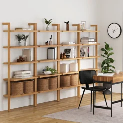 Wood 5-Shelf Ladder Wall Bookshelf Warm Pine (Set of 4)