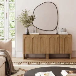 Wood Storage Cabinet with Arched Doors Light Brown