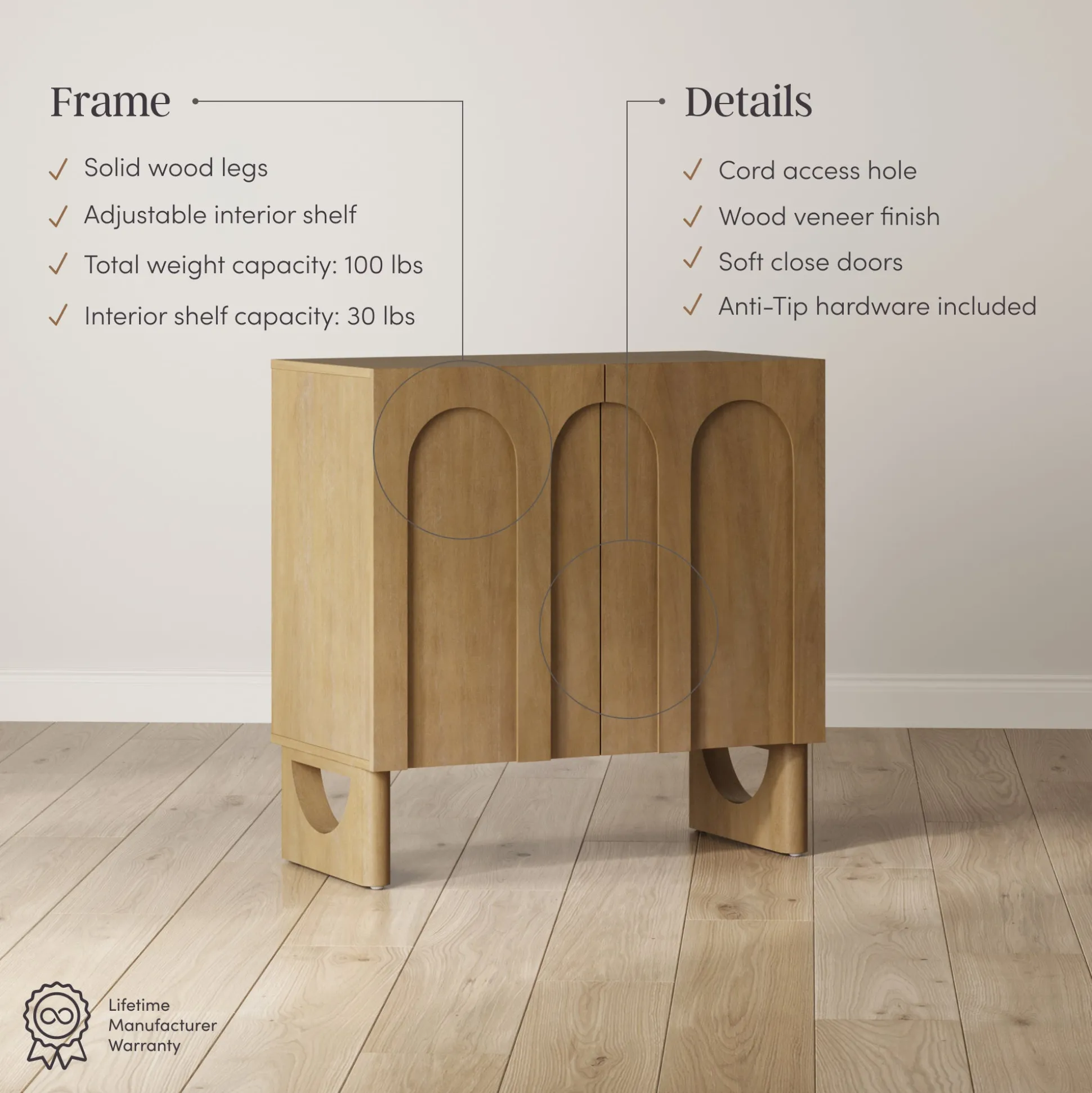 Wood Storage Cabinet with Arched Doors Light Brown