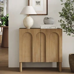Wood Storage Cabinet with Arched Doors Light Brown