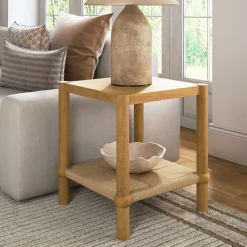 Wood 2-Tier Coastal Side Table with Seagrass Shelf Light Brown