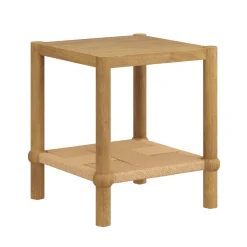 Wood 2-Tier Coastal Side Table with Seagrass Shelf Light Brown