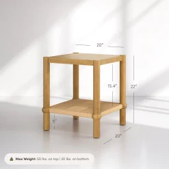 Wood 2-Tier Coastal Side Table with Seagrass Shelf Light Brown