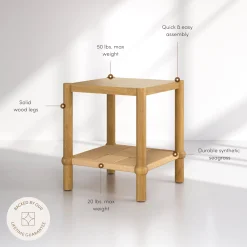 Wood 2-Tier Coastal Side Table with Seagrass Shelf Light Brown