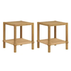 Wood 2-Tier Coastal Side Table with Seagrass Shelf Light Brown Set of 2