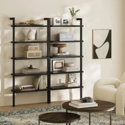 Wood 5 Tier Wall Mounted Bookshelf Black Oak (Set of 2)