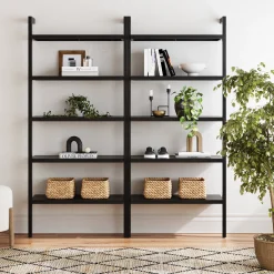 Wood 5 Tier Wall Mounted Bookshelf Black Oak (Set of 2)