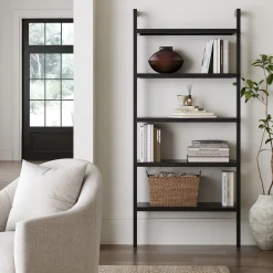 Wood 5 Tier Wall Mounted Bookshelf Black Oak