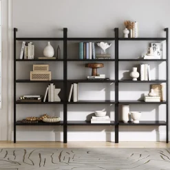 Wood 5 Tier Wall Mounted Bookshelf Black Oak (Set of 3)
