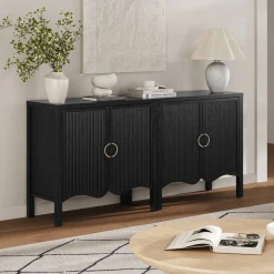 Wood Transitional Fluted Cabinet Credenza Black Oak (Set of 2)