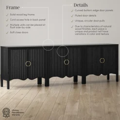 Wood Transitional Fluted Cabinet Credenza Black Oak (Set of 3)