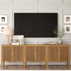 Wood Transitional Fluted Cabinet Credenza Light Brown (Set of 3)