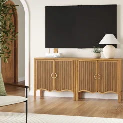 Wood Transitional Fluted Cabinet Credenza Light Brown (Set of 2)