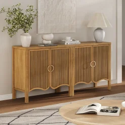 Wood Transitional Fluted Cabinet w/ Brass Handle Light Brown