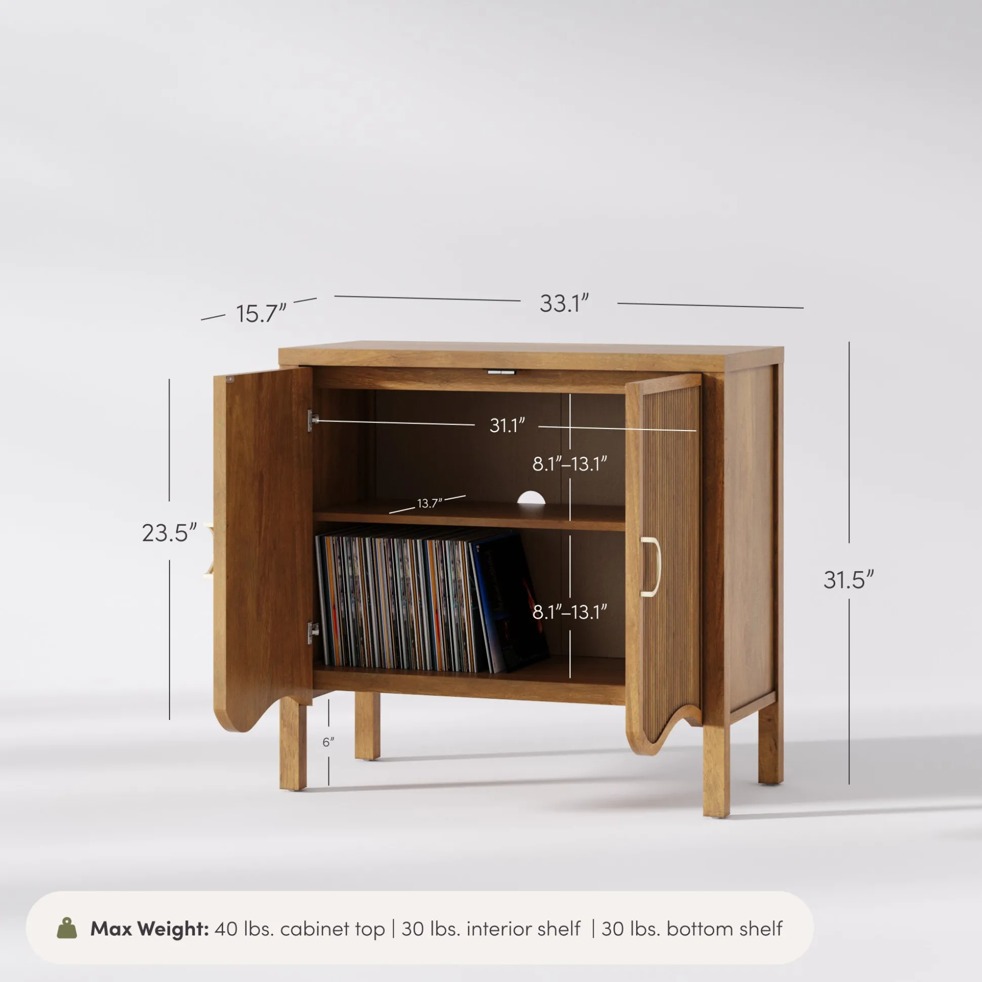 Wood Transitional Fluted Cabinet w/ Brass Handle Light Brown