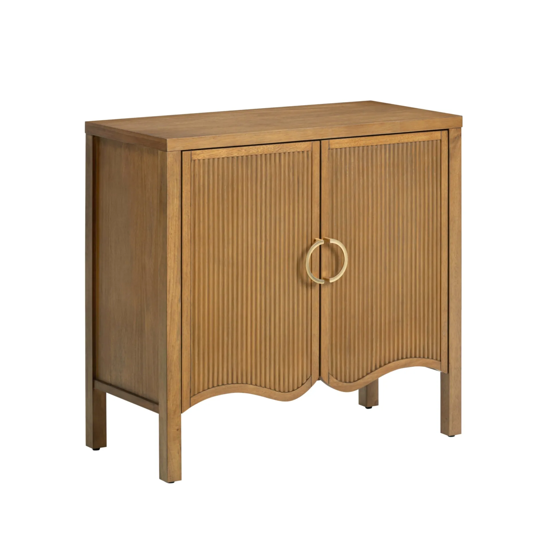 Wood Transitional Fluted Cabinet w/ Brass Handle Light Brown