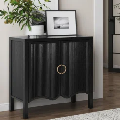 Wood Transitional Fluted Cabinet w/ Brass Handle Black Oak