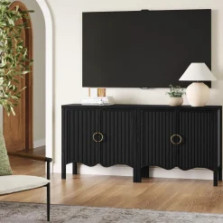 Wood Transitional Fluted TV Console Black Oak for TVs up to 65"