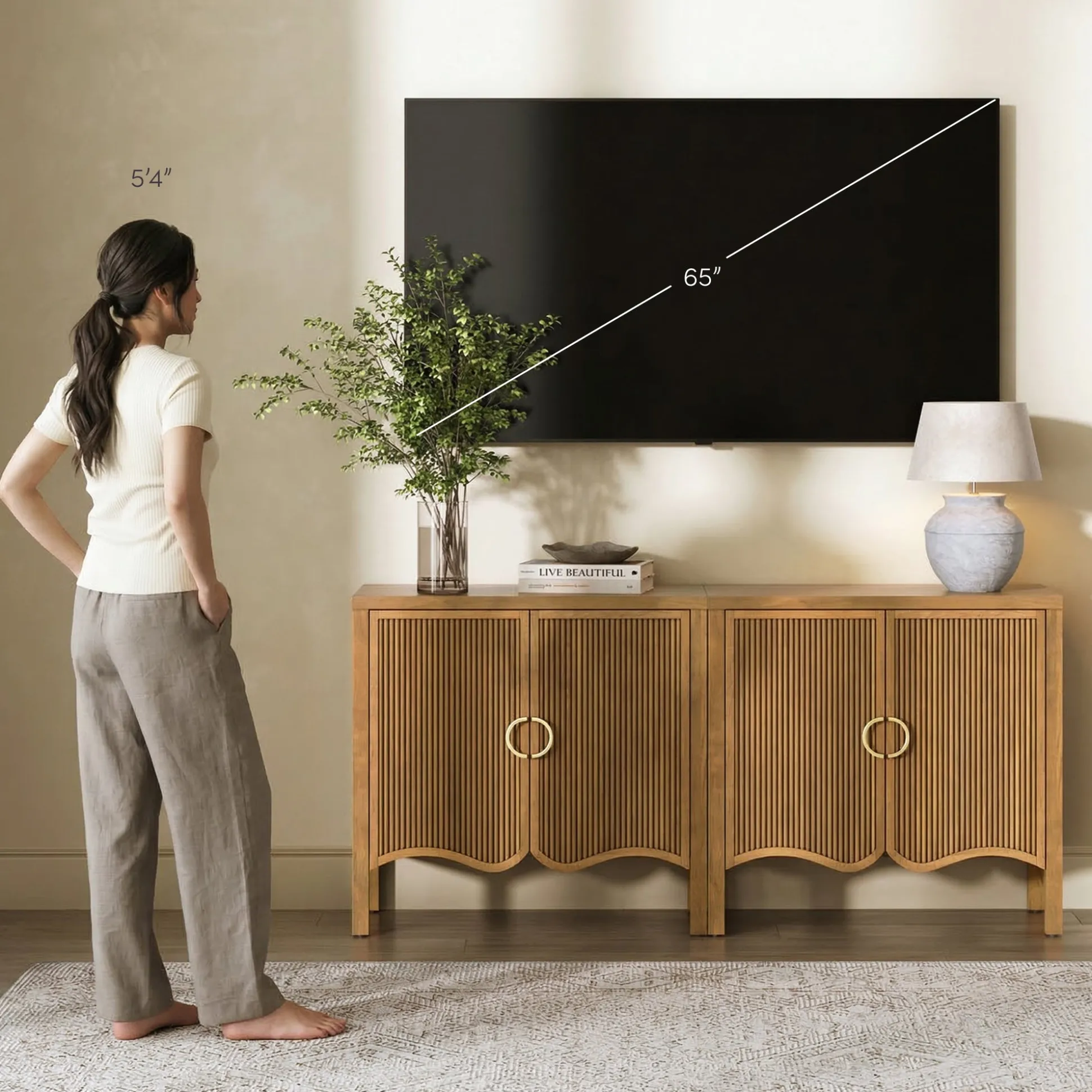 Wood Transitional Fluted TV Console Light Brown for TVs up to 65"