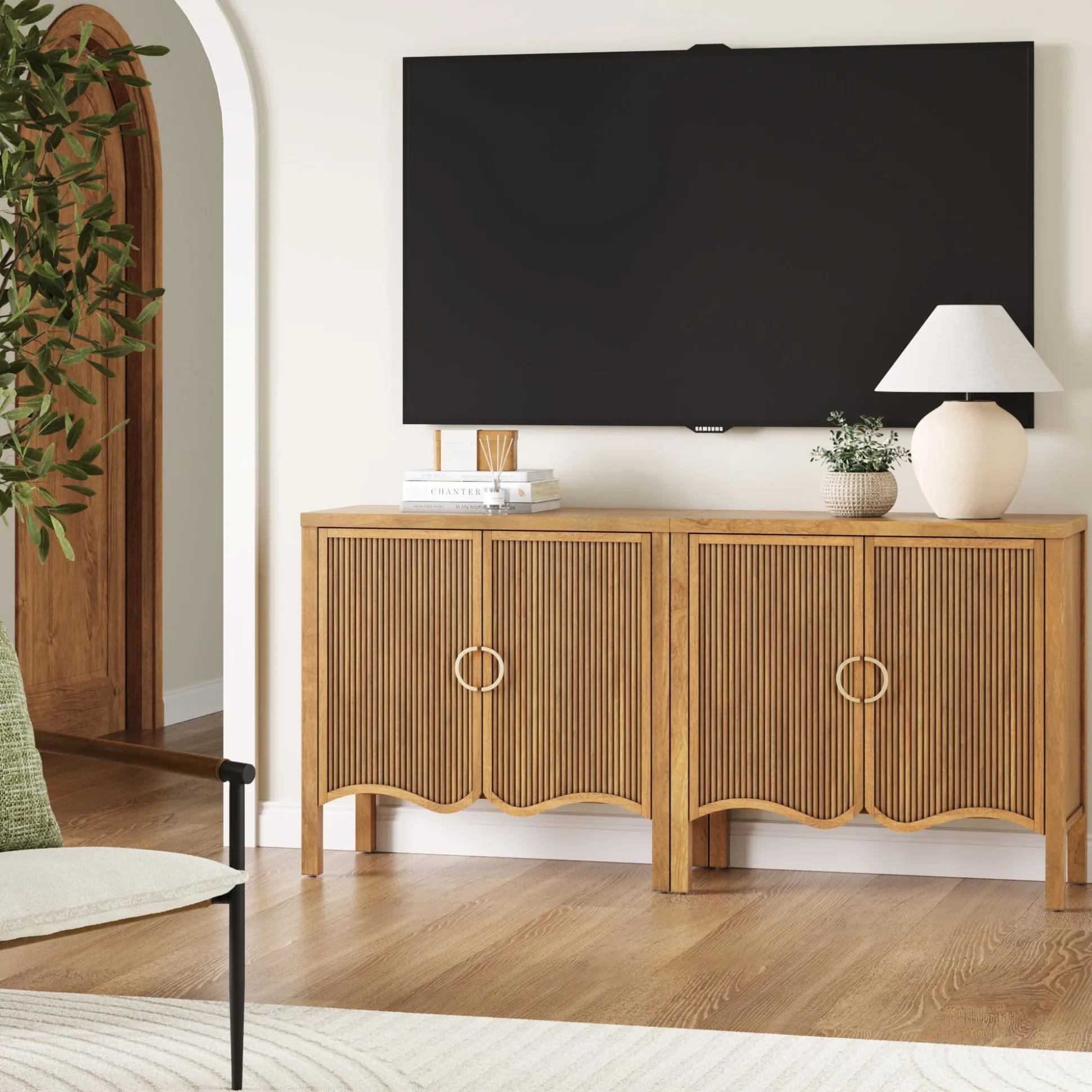 Wood Transitional Fluted TV Console Light Brown for TVs up to 65"
