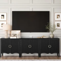 Wood Transitional Fluted TV Console Black Oak for TVs up to 75"