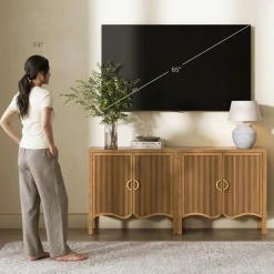 Wood Transitional Fluted TV Console Light Brown for TVs up to 100