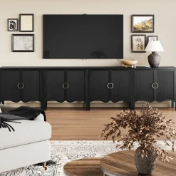 Wood Transitional Fluted TV Console Black Oak for TVs up to 100"
