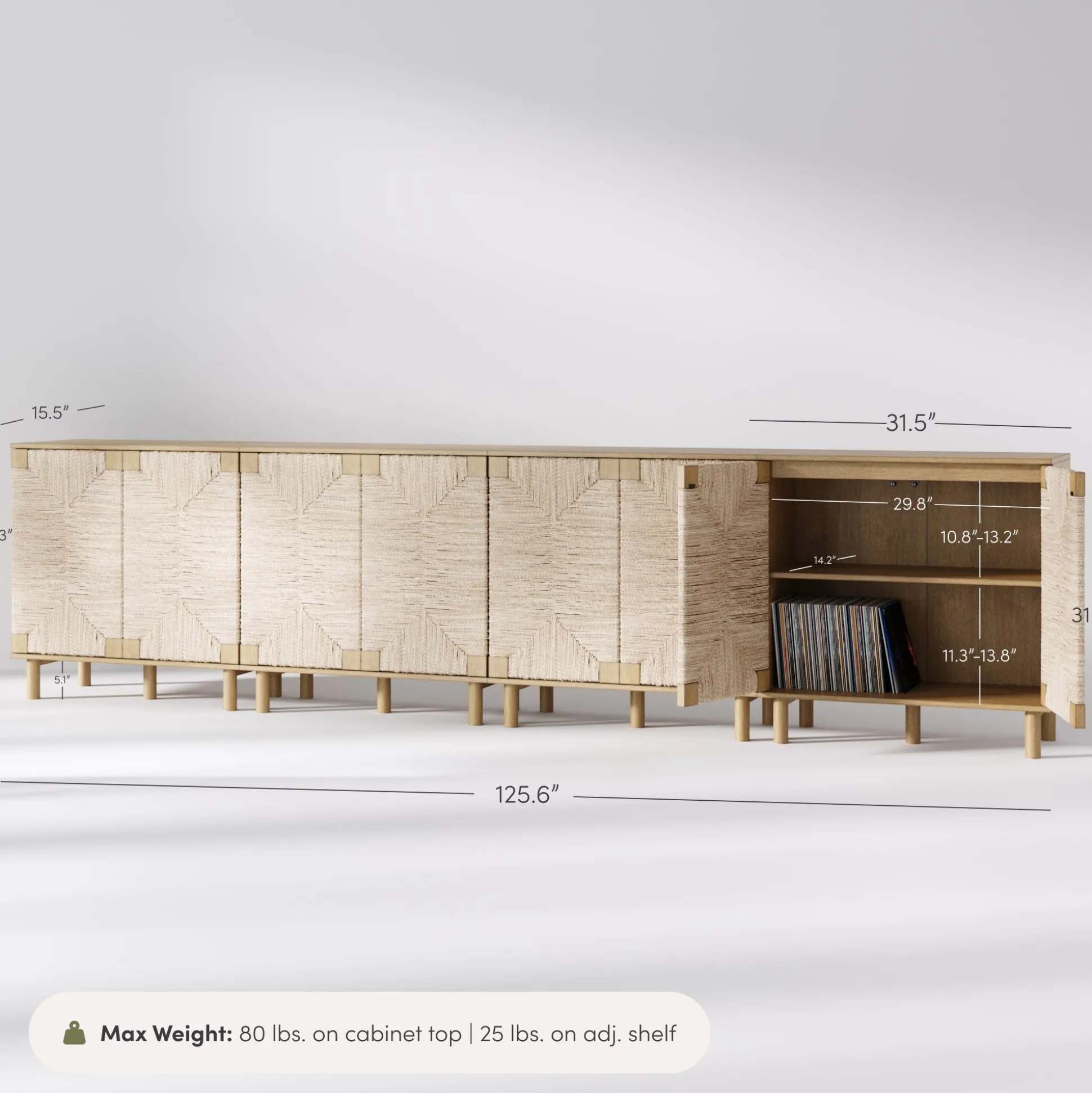 Wood TV Console for TVs up to 100" with Seagrass Doors Light Brown