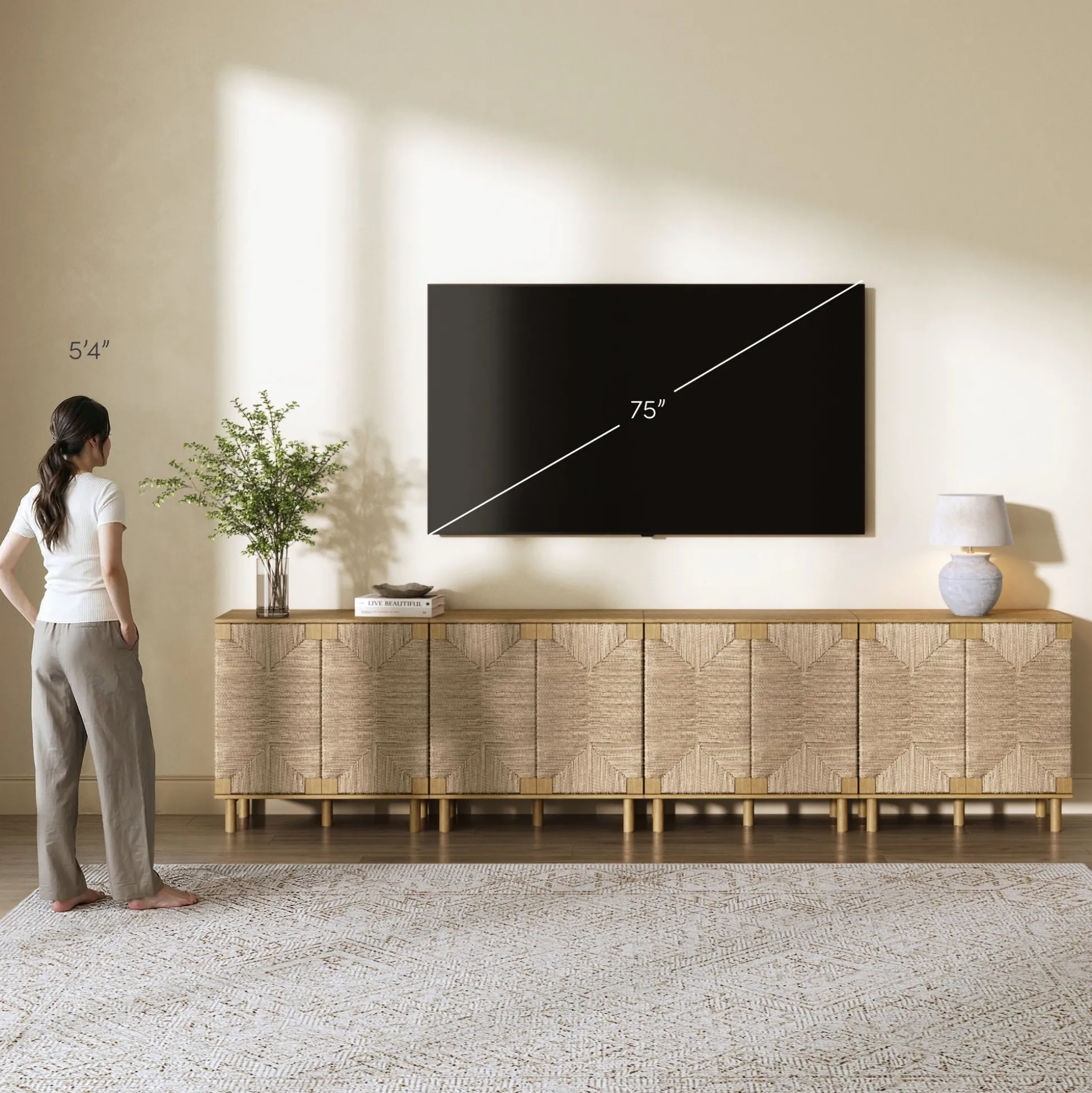 Wood TV Console for TVs up to 100" with Seagrass Doors Light Brown
