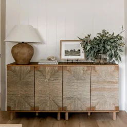 Wood TV Console for TVs up to 65" with Seagrass Doors Light Brown