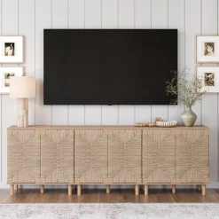 Wood TV Console for TVs up to 75" with Seagrass Doors Raw Oak