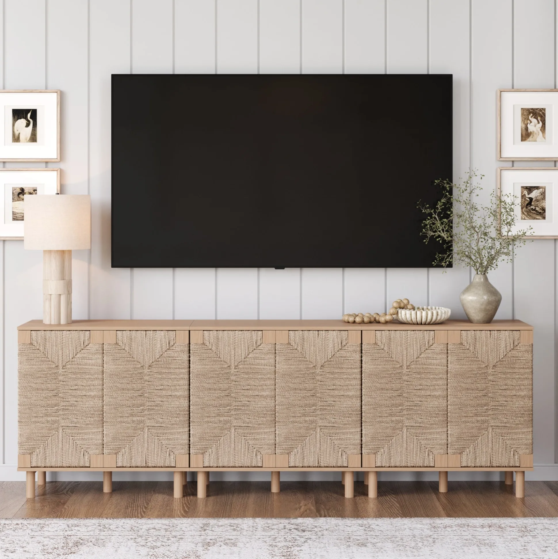 Wood TV Console for TVs up to 75" with Seagrass Doors Raw Oak